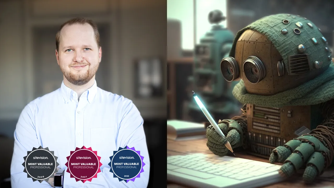 Till vänster ett foto av Alexander Gustafsson och brickor av MVP-utmärkelsen 2020, 2021 och 2022. Till höger ett foto av en futuristisk robot som sitter vid ett skrivbord med en penna i handen.