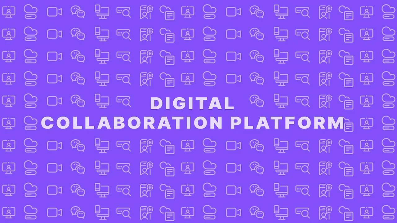 The words digital collaboration tool on a purple background with icons.