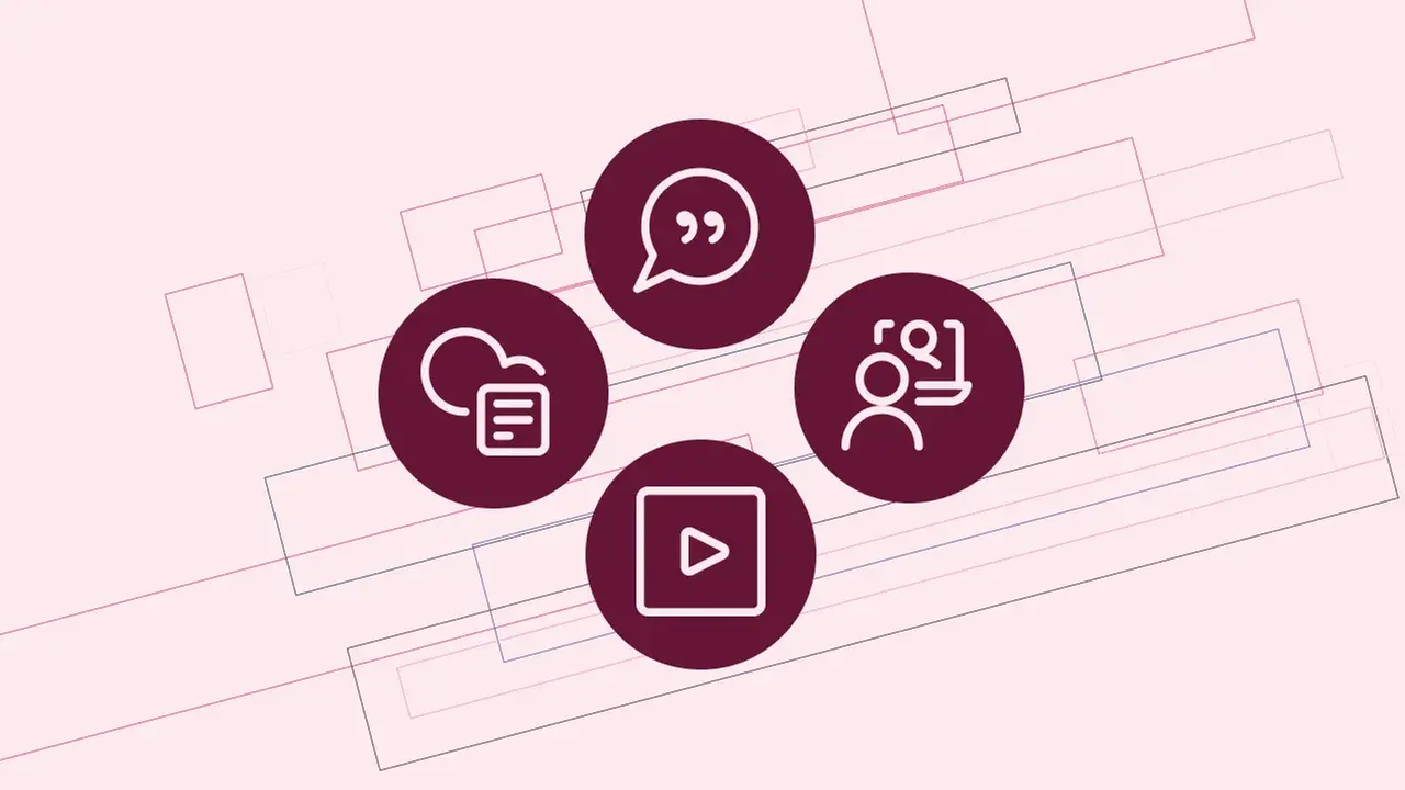 samarbetsverktyg Ikoner som illustrerar chatt, video, videomöte och fillagring på en rosa bakgrund.