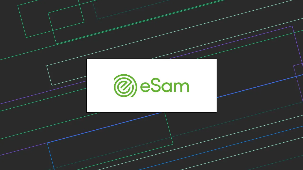 eSams logotyp mot svart bakgrund.