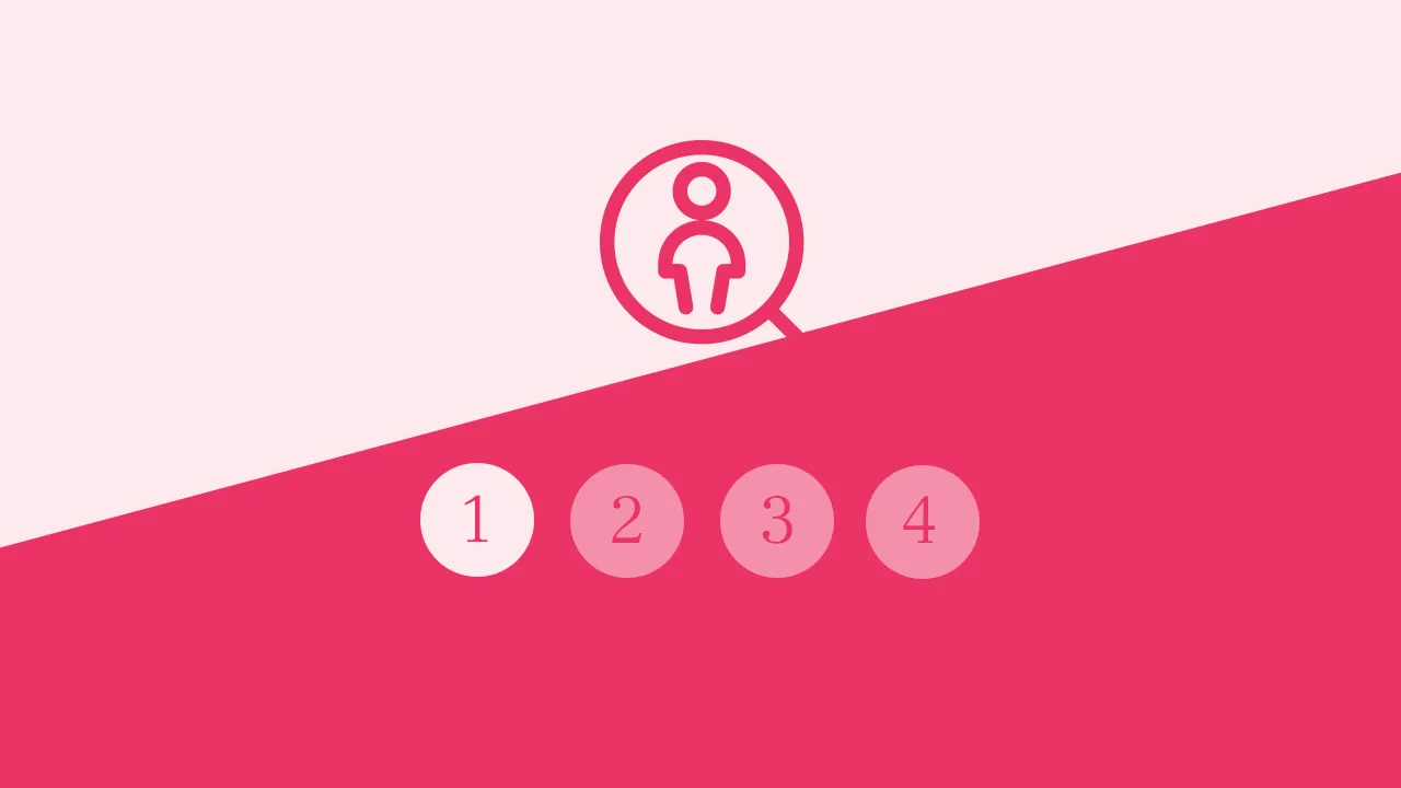 En ikon med ett förstoringsglas mot en rosa bakgrund. Del 1 markerat.