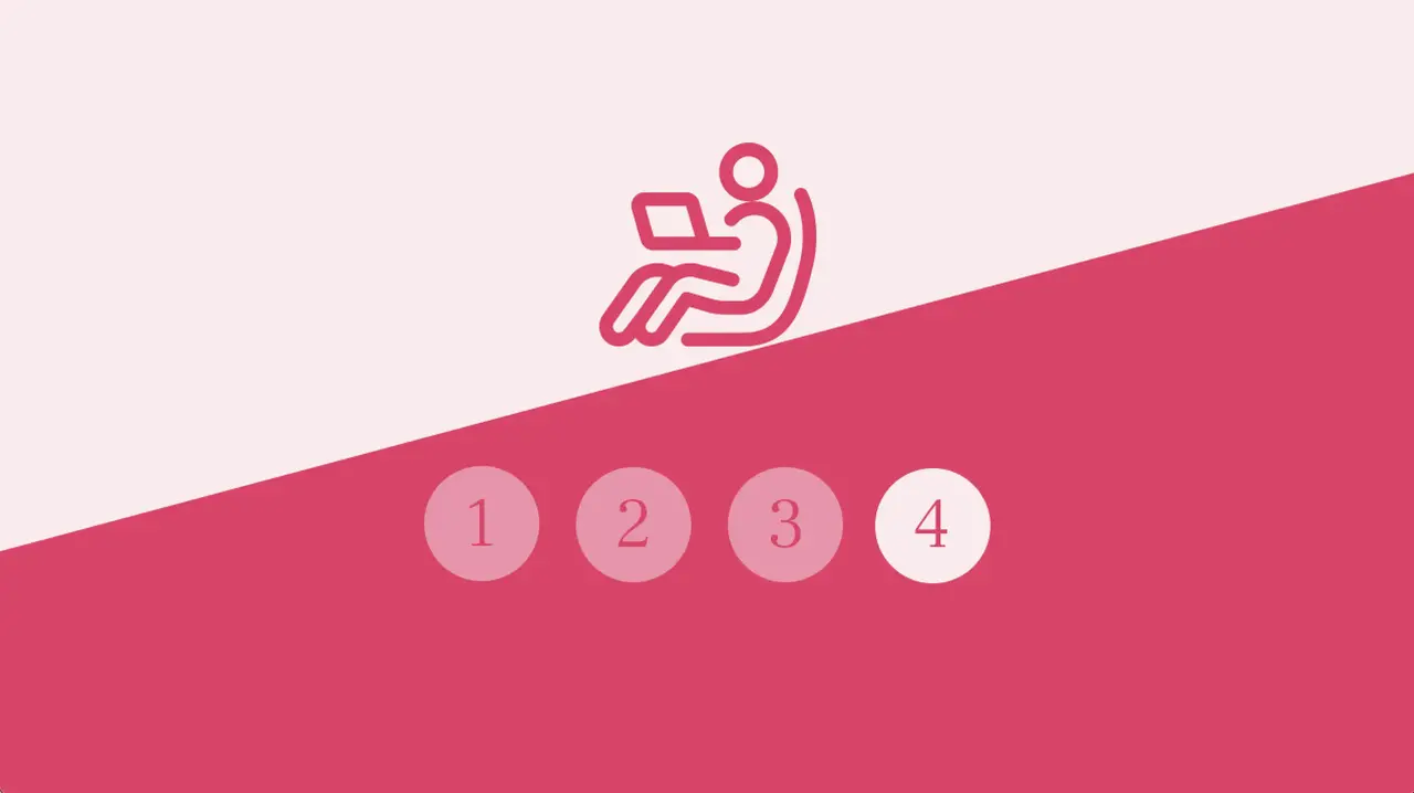 En ikon med en person i en kontorsstol mot en rosa bakgrund. Del 4 markerat.