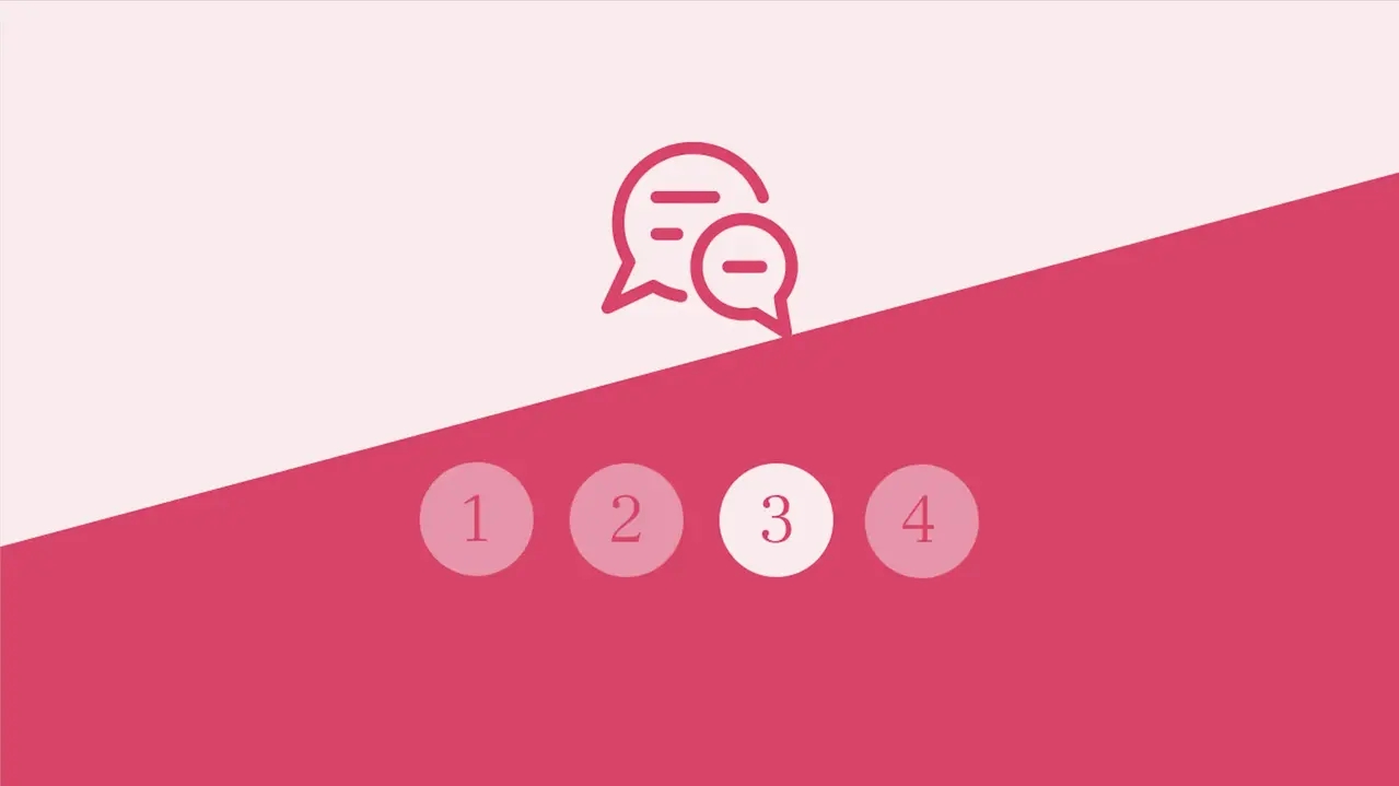 En ikon med två pratbubblor mot en rosa bakgrund. Del 3 markerat.